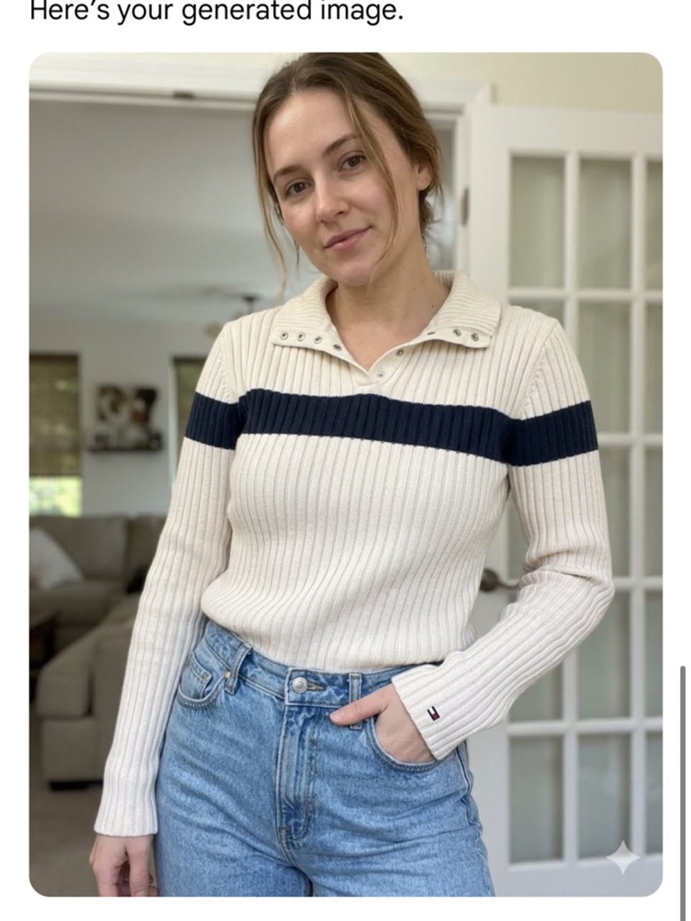 Tommy Hilfiger Ivory Ribbed V-Neck Sweater with Navy Stripe